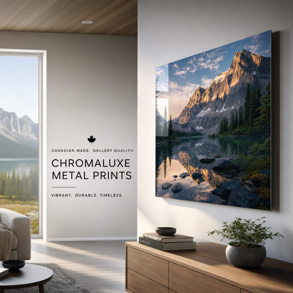 Large premium metal print mounted in a modern living room.