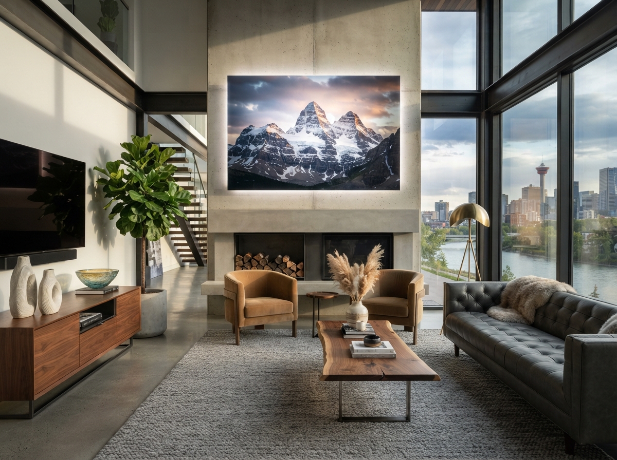 Large metal print of Rocky Mountain scenery in a modern Alberta home