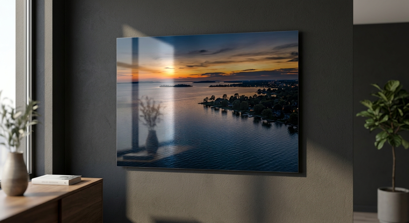 Custom metal print of Lake Simcoe in a Barrie waterfront home