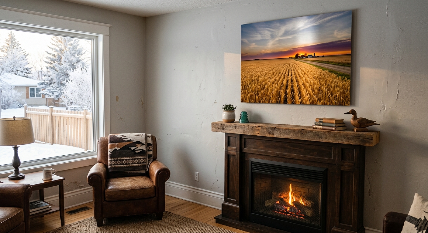 Custom metal print of prairie wheat fields in a Brandon Manitoba home
