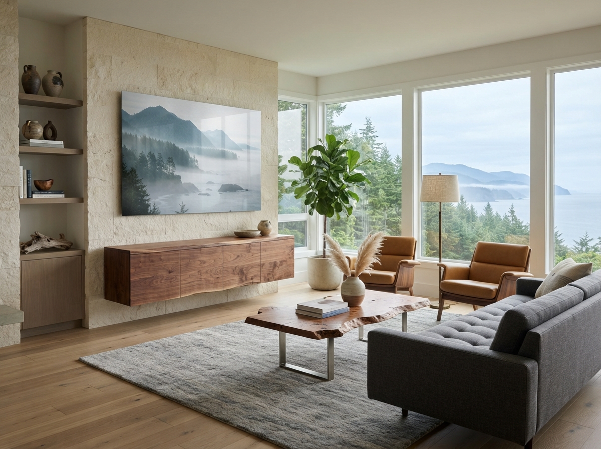 Metal print of a West Coast seascape in a contemporary British Columbia interior