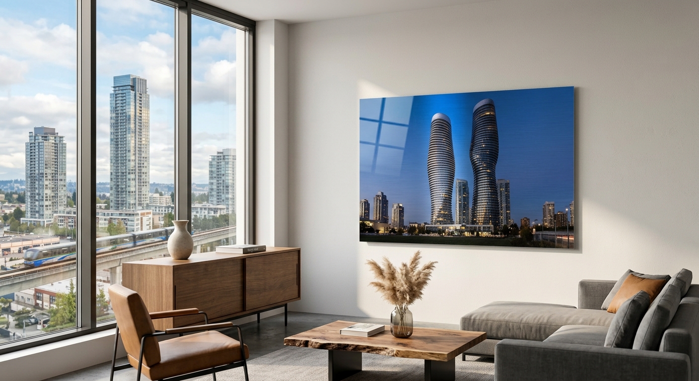 Custom metal print in a modern Burnaby Metrotown condo