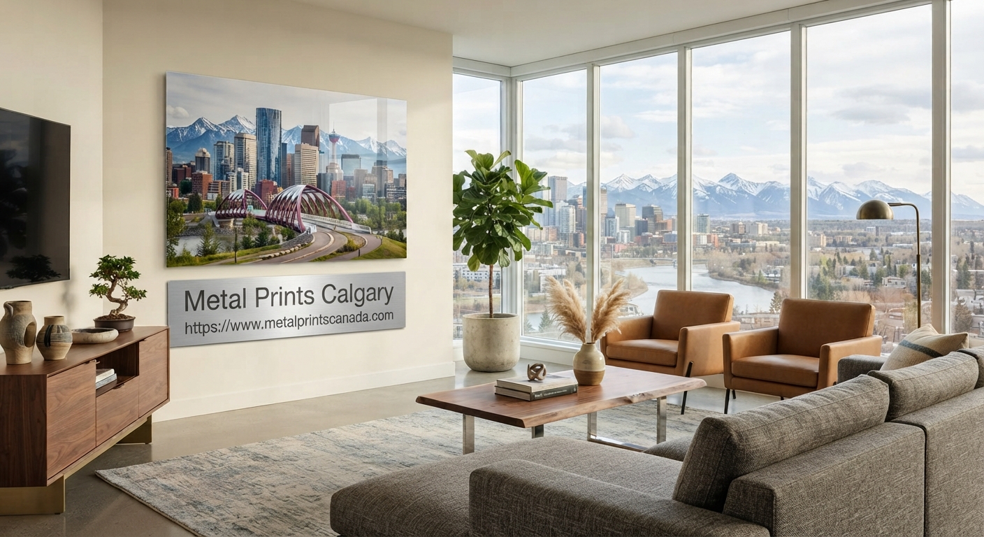 Custom metal print on a wall in a modern Calgary Beltline condo