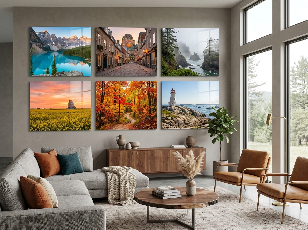 Custom metal prints from every Canadian province displayed on a modern wall