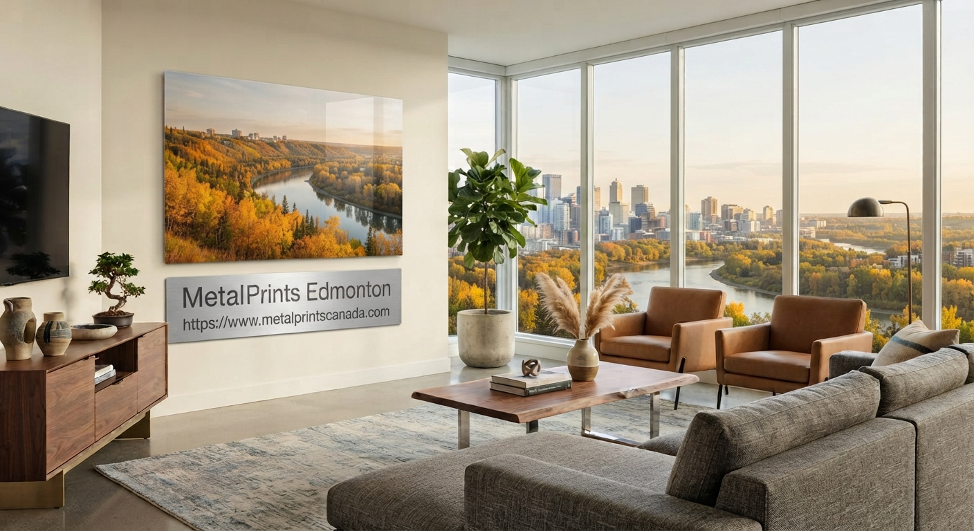 Custom metal print in an Edmonton river-valley home