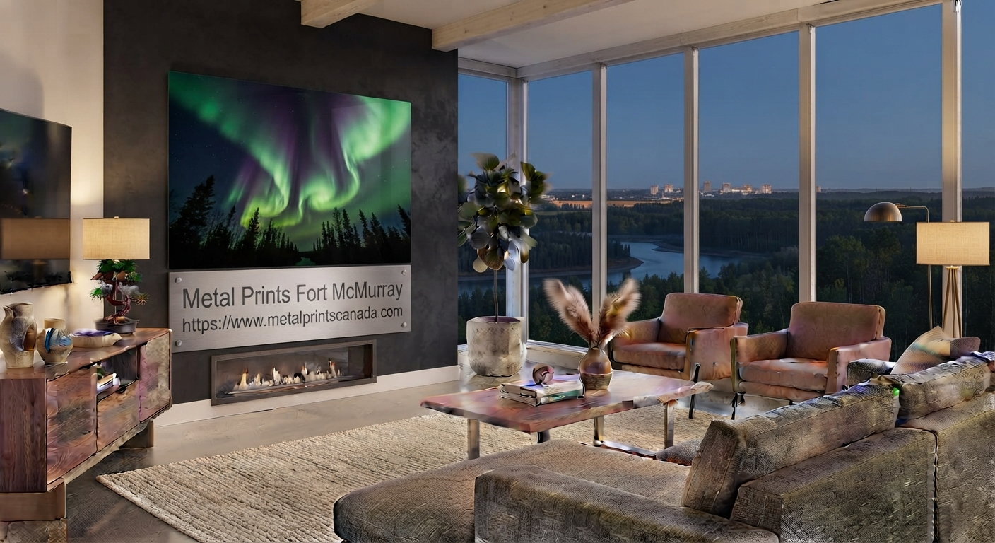 Custom metal print of northern lights in a Fort McMurray home