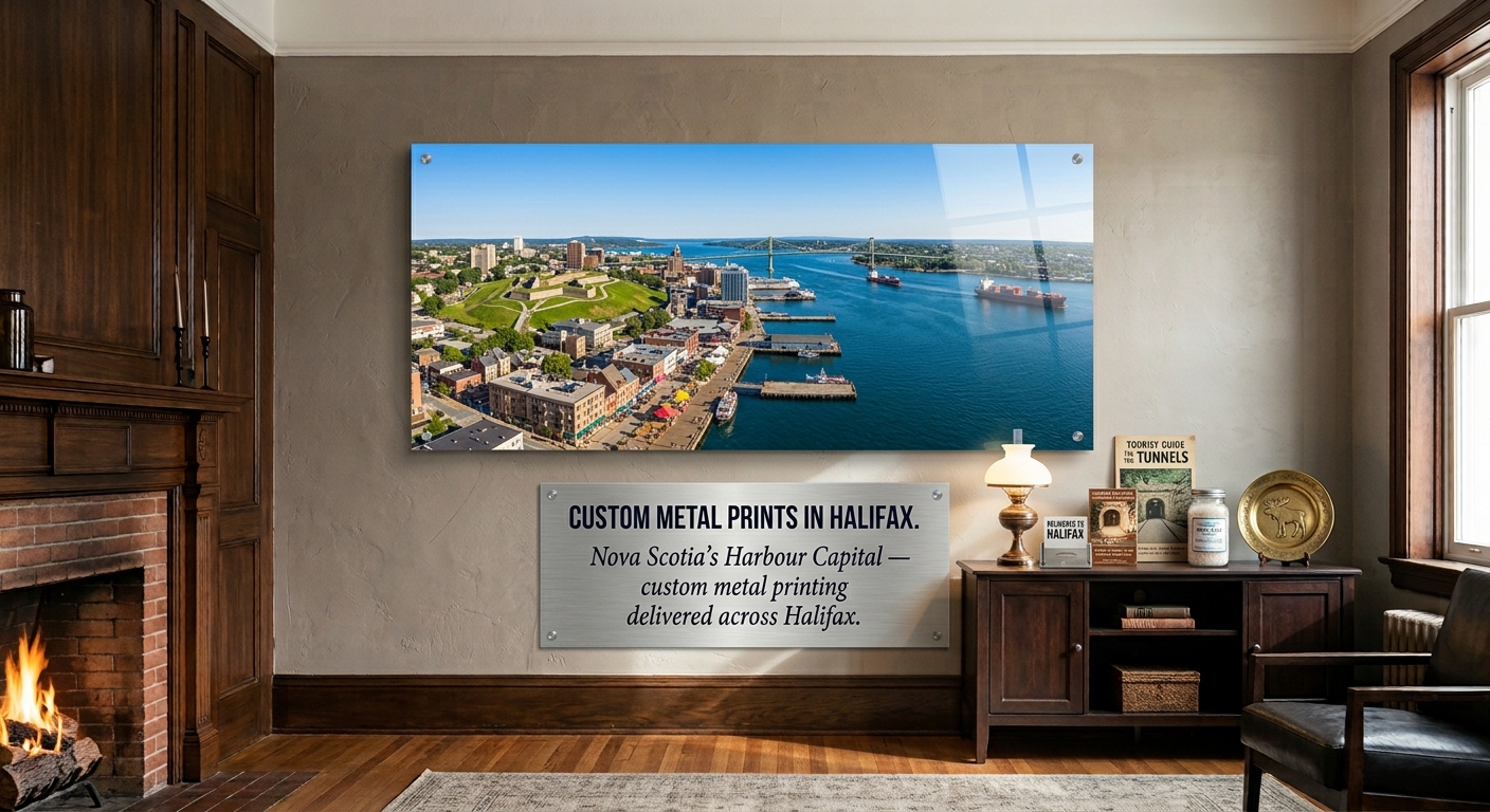 Custom metal print of the Halifax waterfront in a modern condo