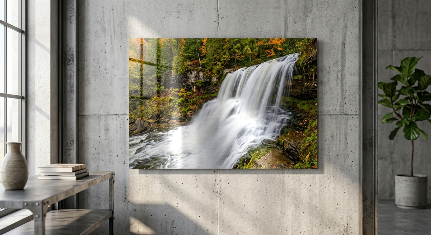 Custom metal print of a waterfall in a Hamilton loft interior