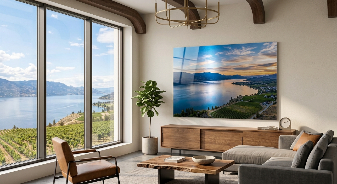 Custom metal print of Okanagan Lake in a Kelowna wine-country home