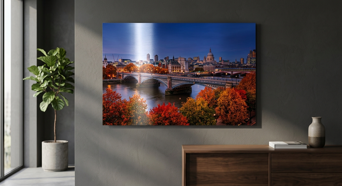 Custom metal print of the Thames River in a London Ontario home