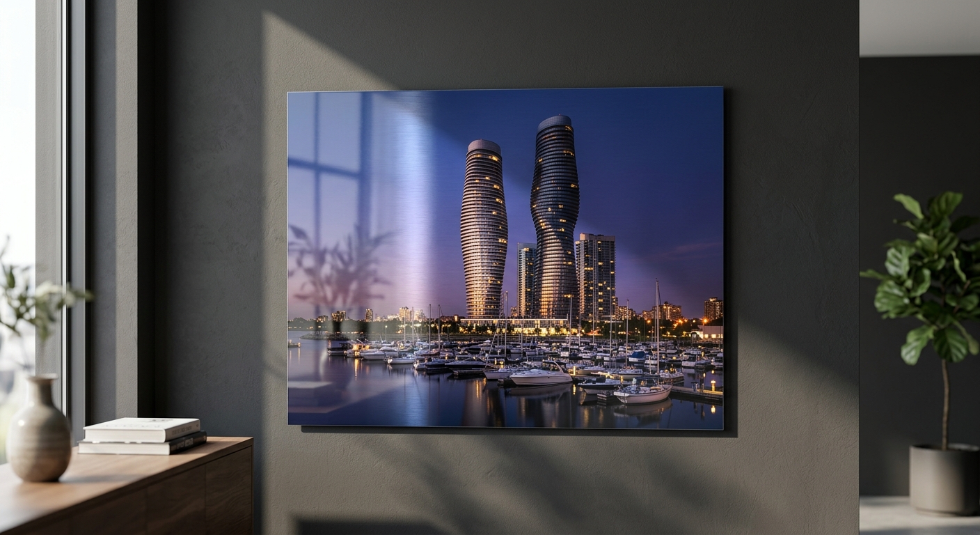 Custom metal print in a modern Mississauga condo overlooking Port Credit