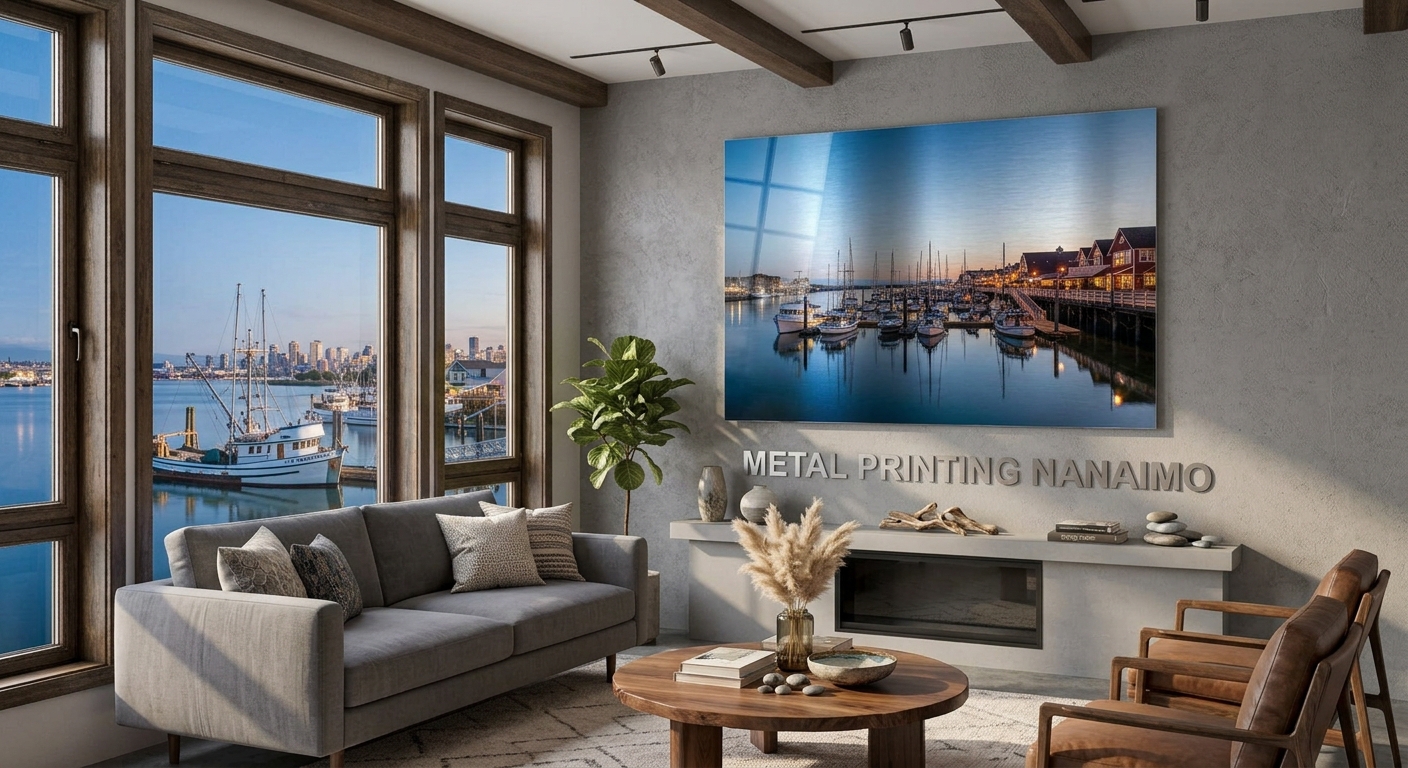Custom metal print of the Nanaimo harbourfront in a coastal home