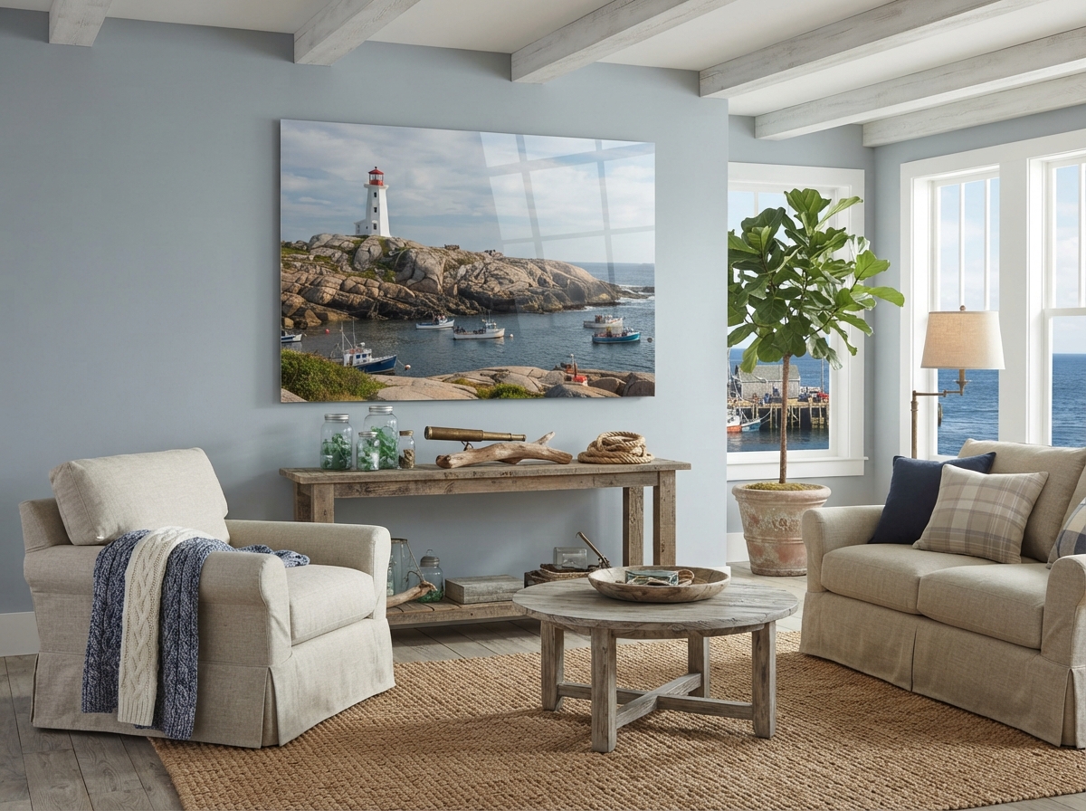 Coastal metal print on a wall in a Nova Scotia home