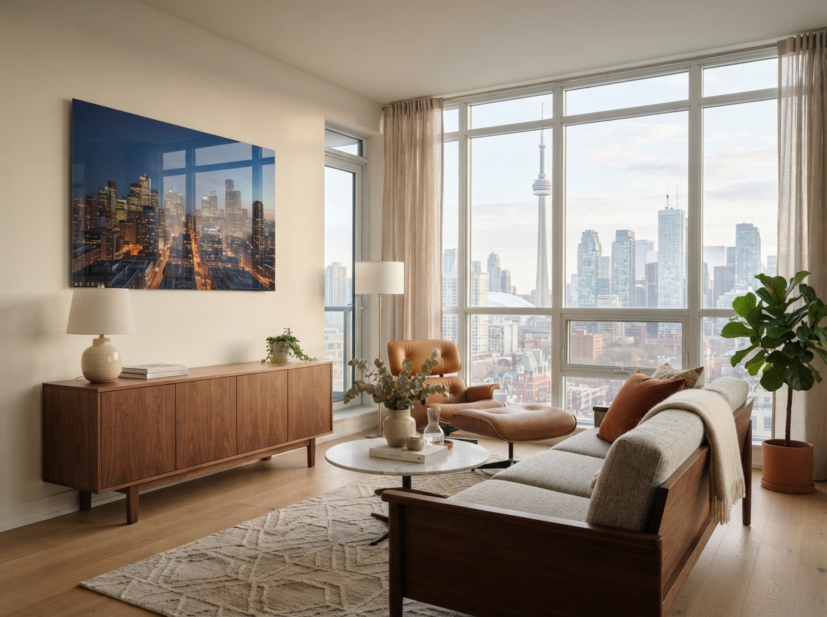 Custom metal print on a wall in a modern Ontario condo living room