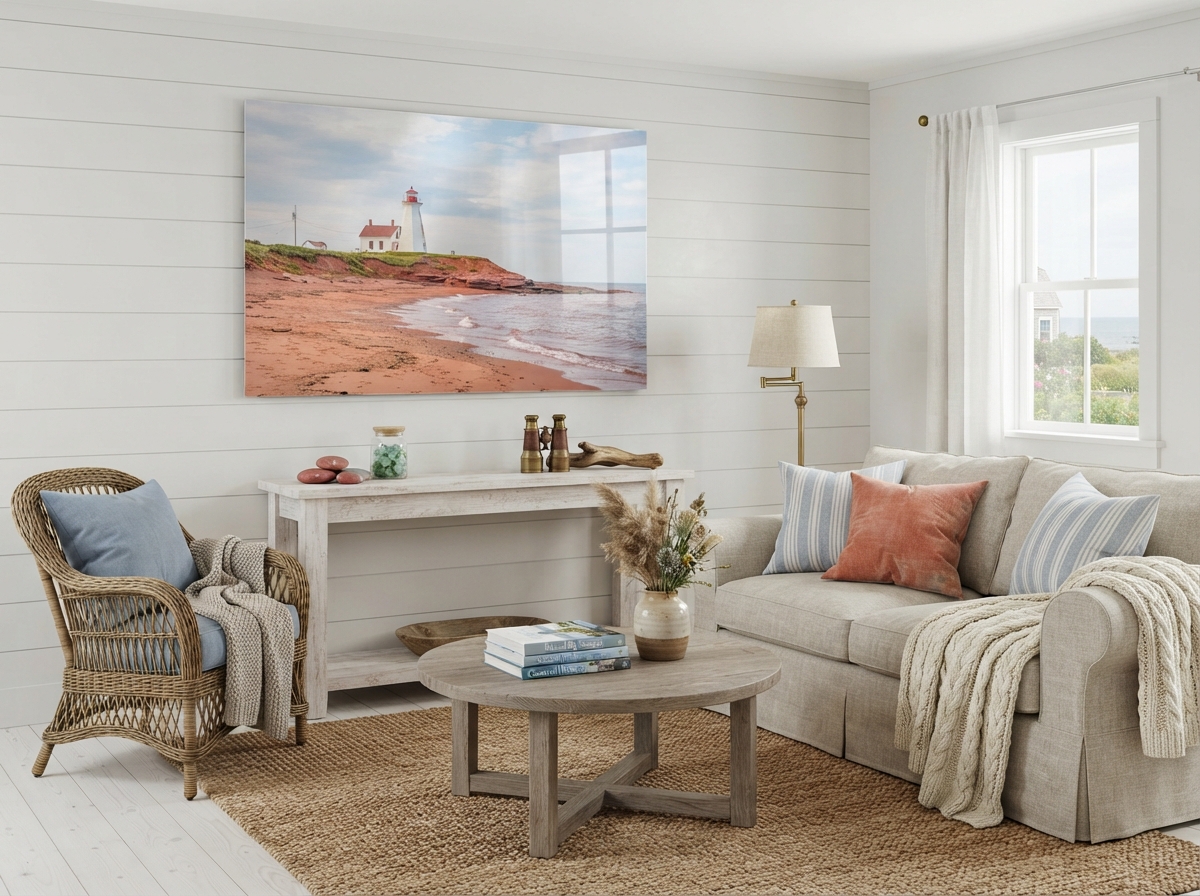 Elegant coastal metal print in a Prince Edward Island cottage interior