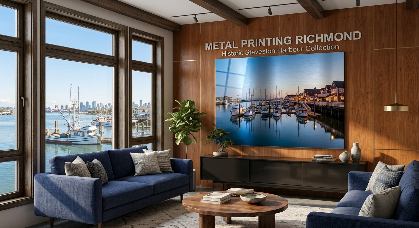 Custom metal print of Steveston harbour in a Richmond BC home