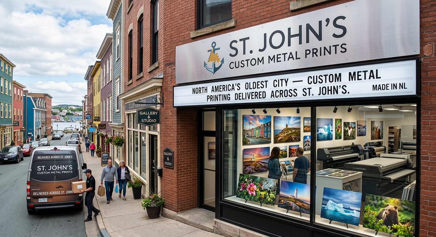 Custom metal print of Jellybean Row in a St. John's home
