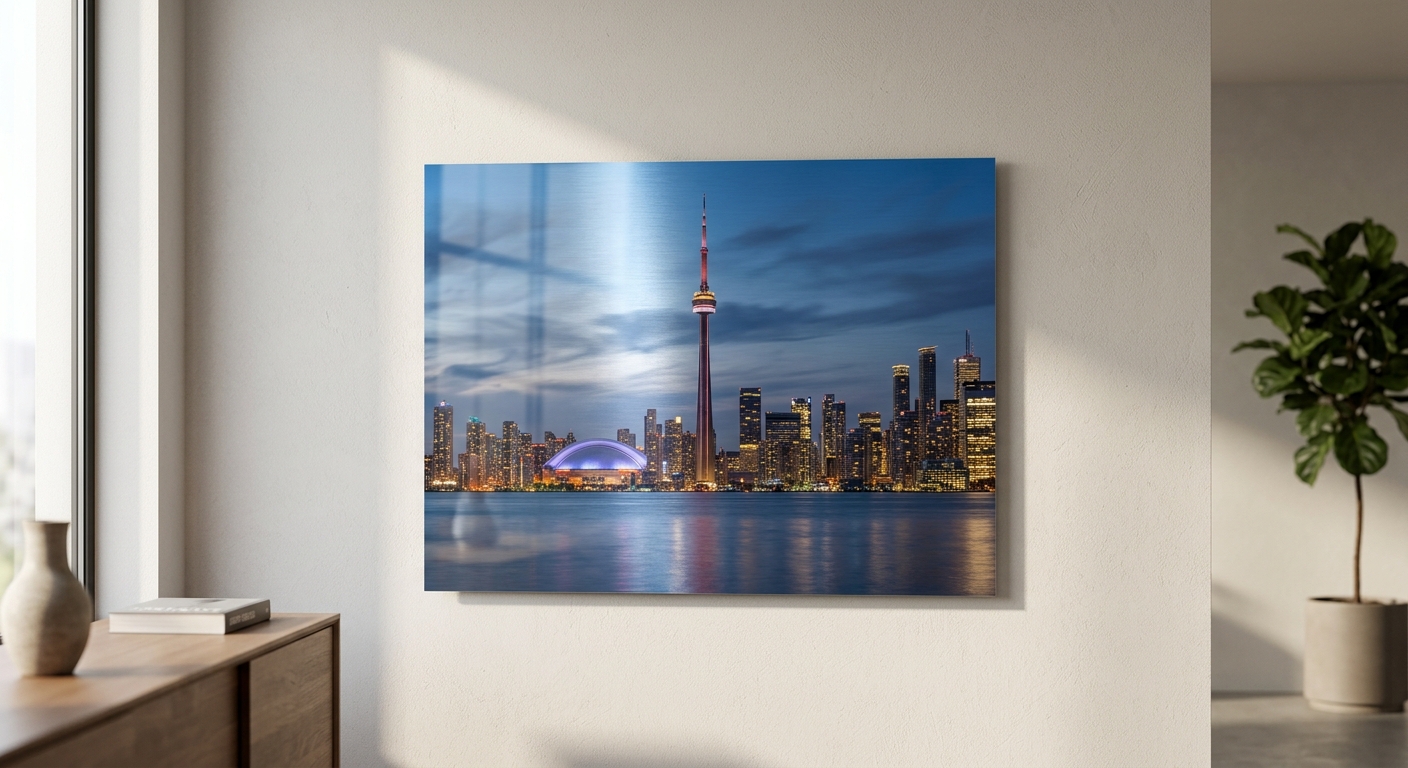 Custom metal print on a wall in a modern Toronto condo living room