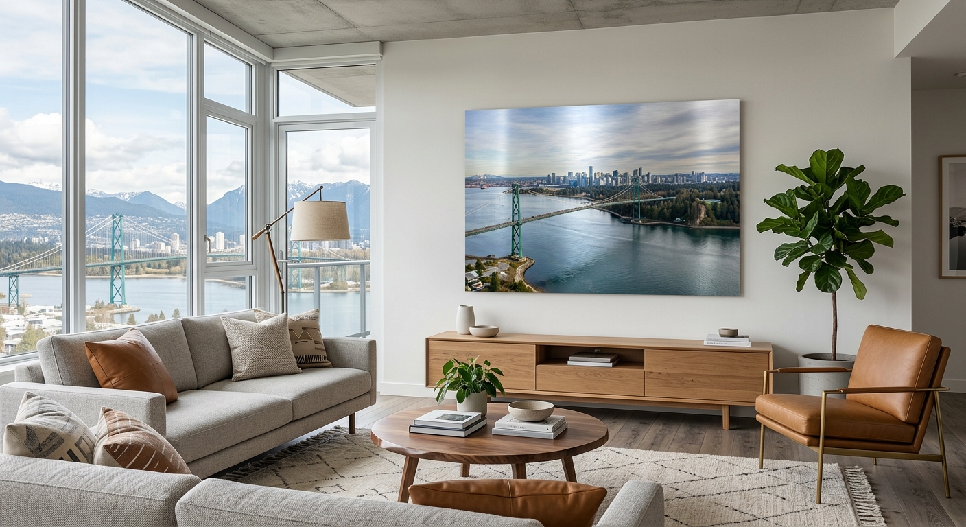 Custom metal print on a wall in a modern Vancouver condo living room