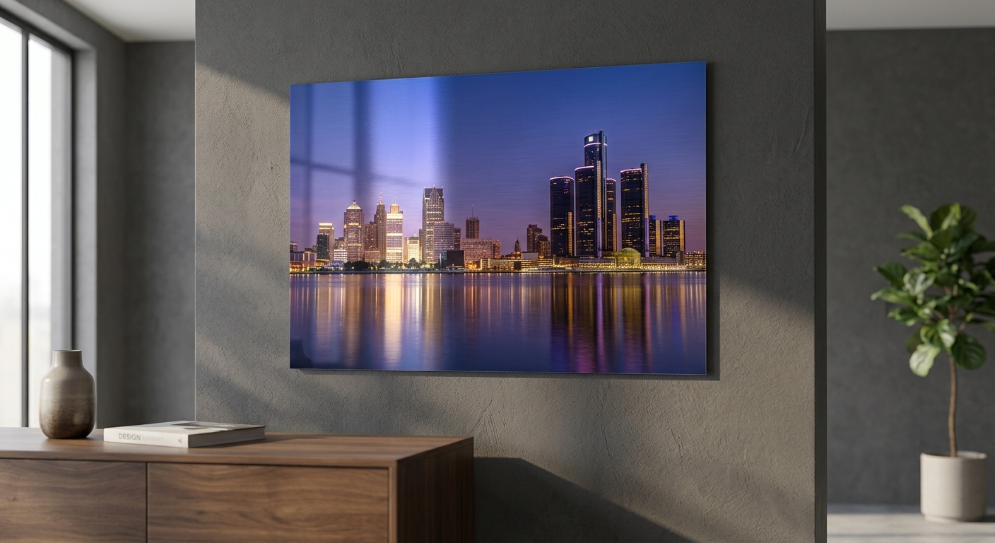 Custom metal print of the Windsor riverfront in a modern home