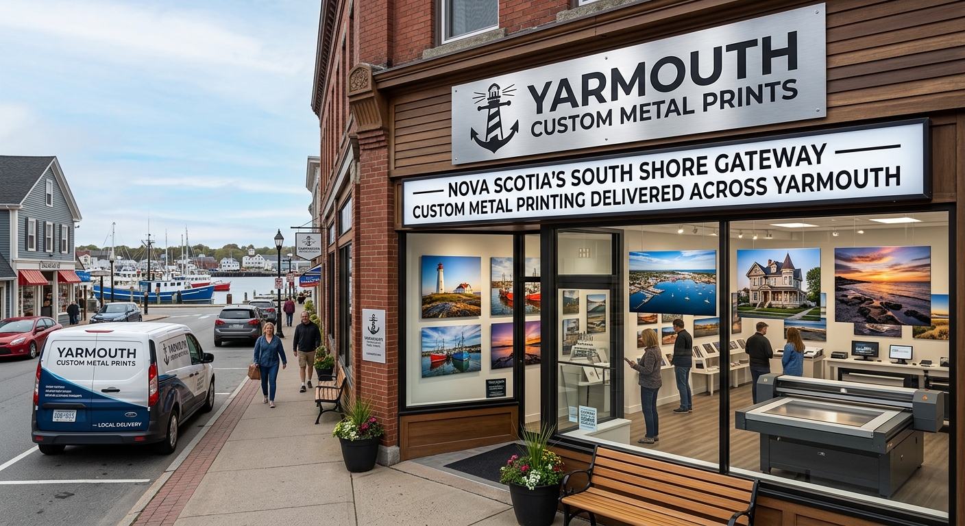 Custom metal print of Cape Forchu Lighthouse in a Yarmouth home