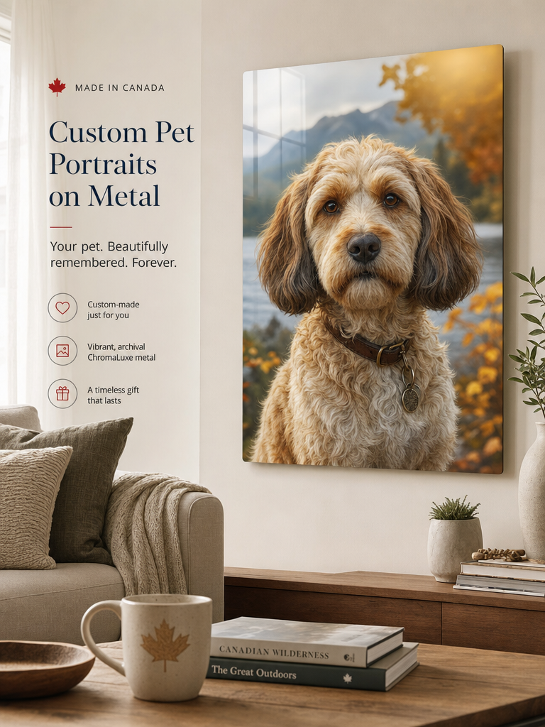 Custom pet portrait of a dog printed on ChromaLuxe metal