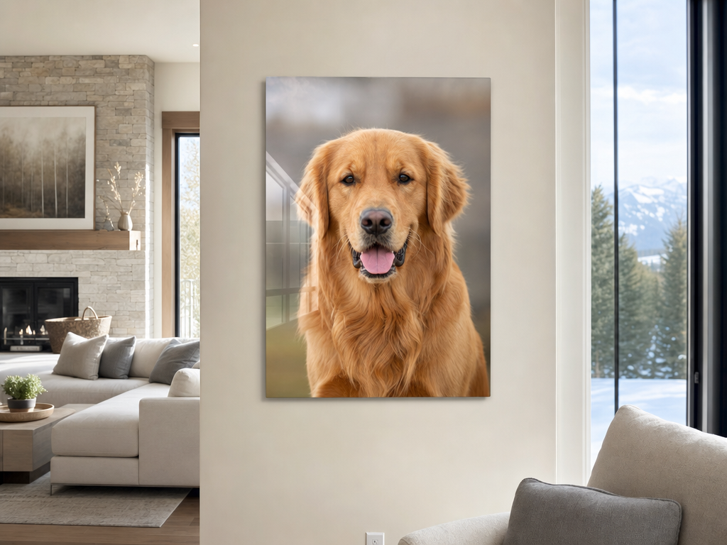 Custom pet portrait metal print displayed on a living room wall