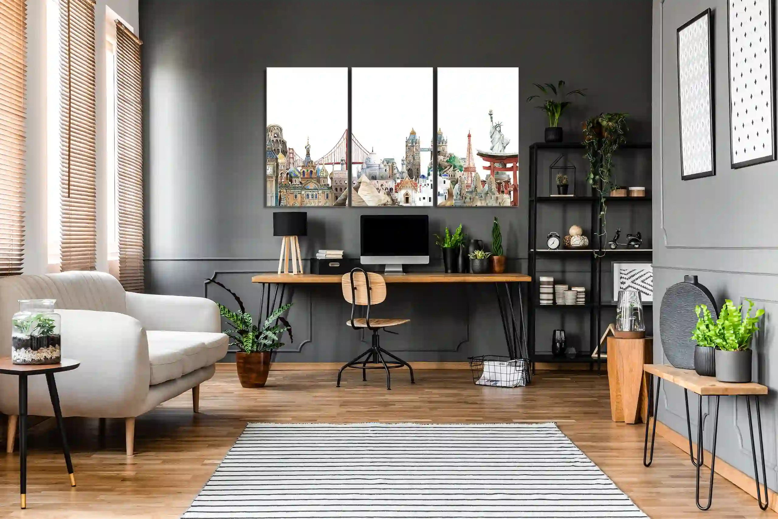 Oversized metal wall art hanging in a modern interior