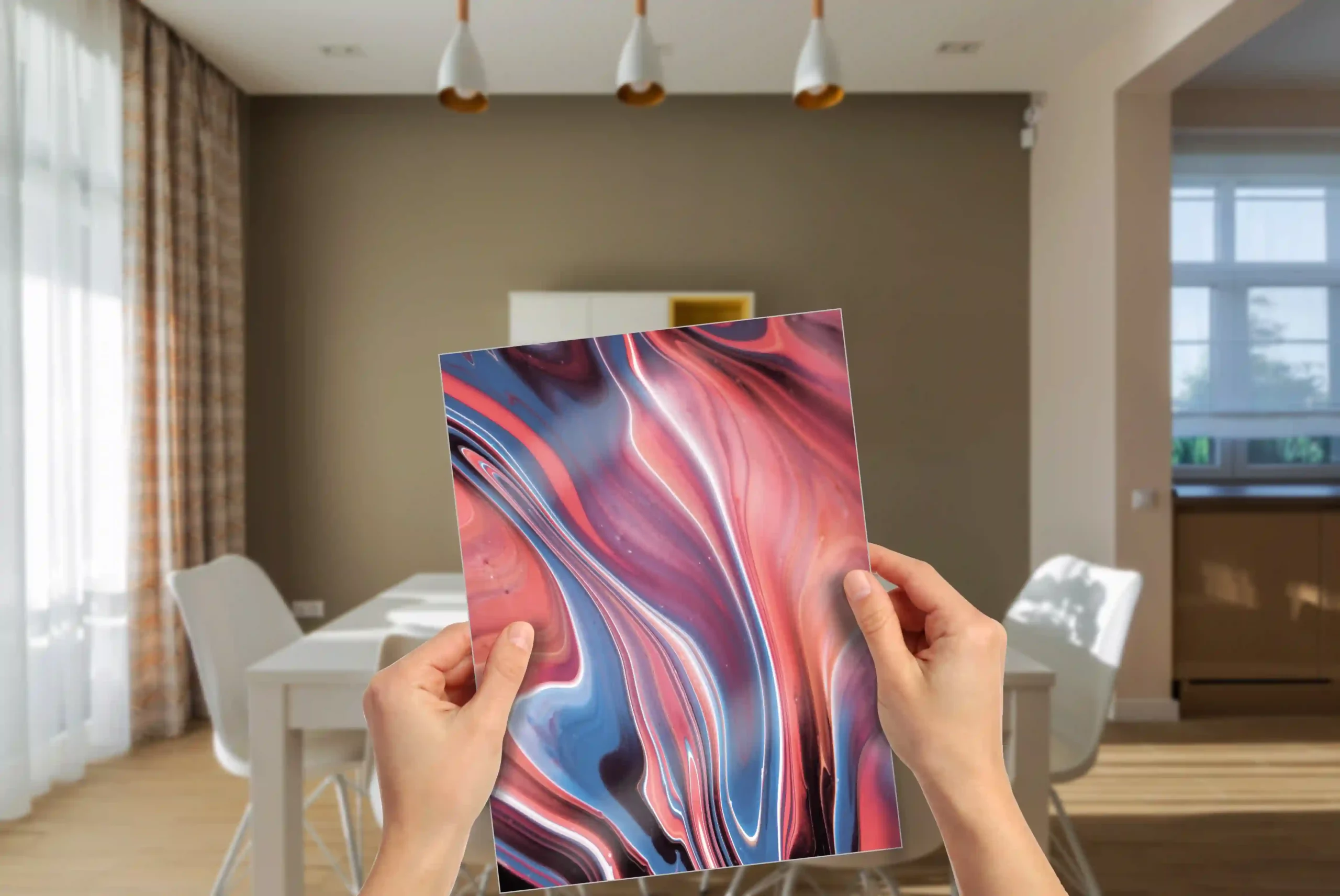 Large metal photo print mounted on a feature wall