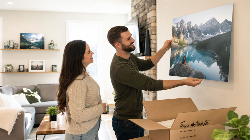 Happy-customer-hanging-metal-print-in-bedroom