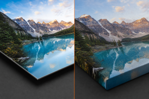 Close-up comparison of smooth metal print surface and textured canvas print surface
