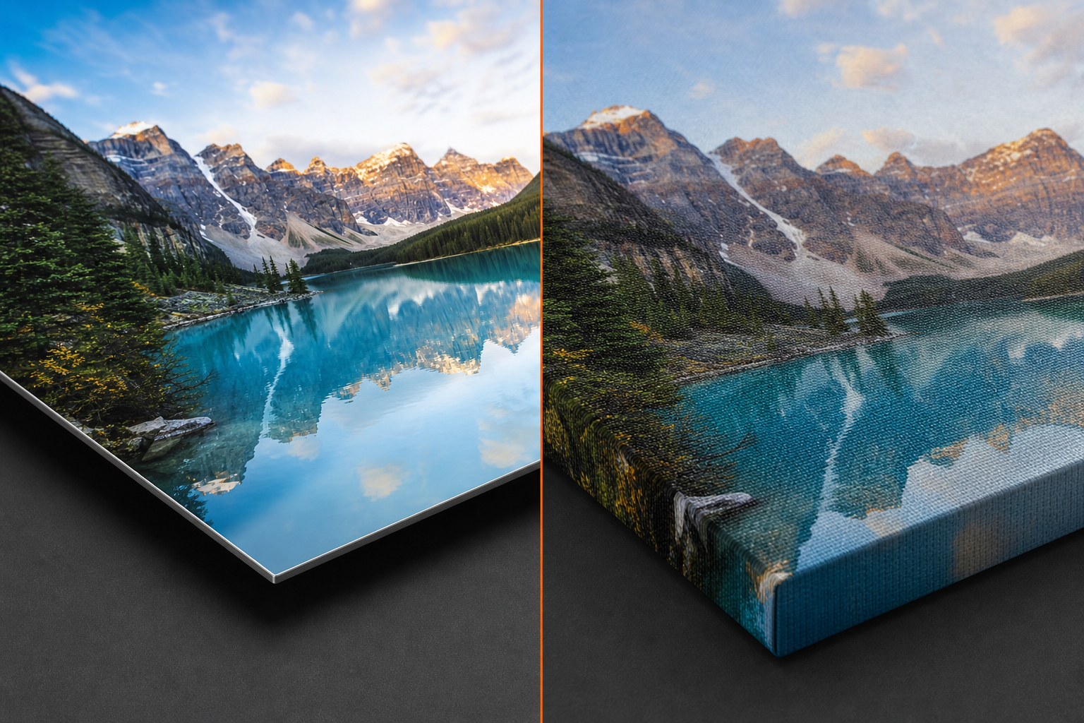 Close-up comparison of smooth metal print surface and textured canvas print surface