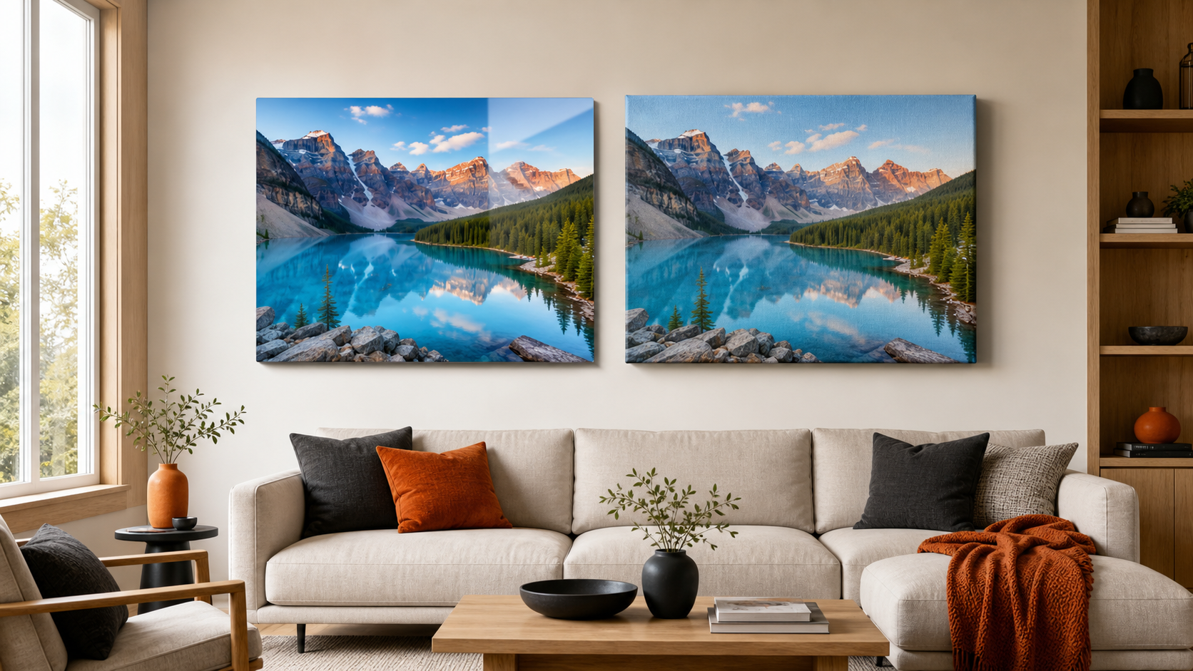 Metal print and canvas print comparison in a modern Canadian living room